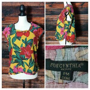 For Cynthia Top Size M Petite PM Linen Viscose Blend Hibiscus Floral Ruffle